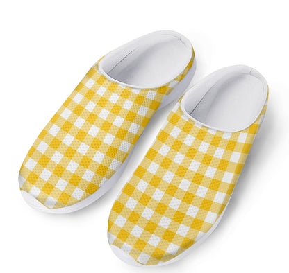 Canary Yellow And White Gingham Print Mesh Casual Shoes
