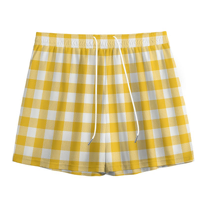 Canary Yellow And White Gingham Print Mesh Shorts