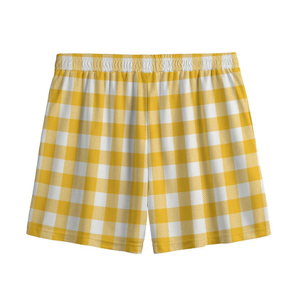 Canary Yellow And White Gingham Print Mesh Shorts