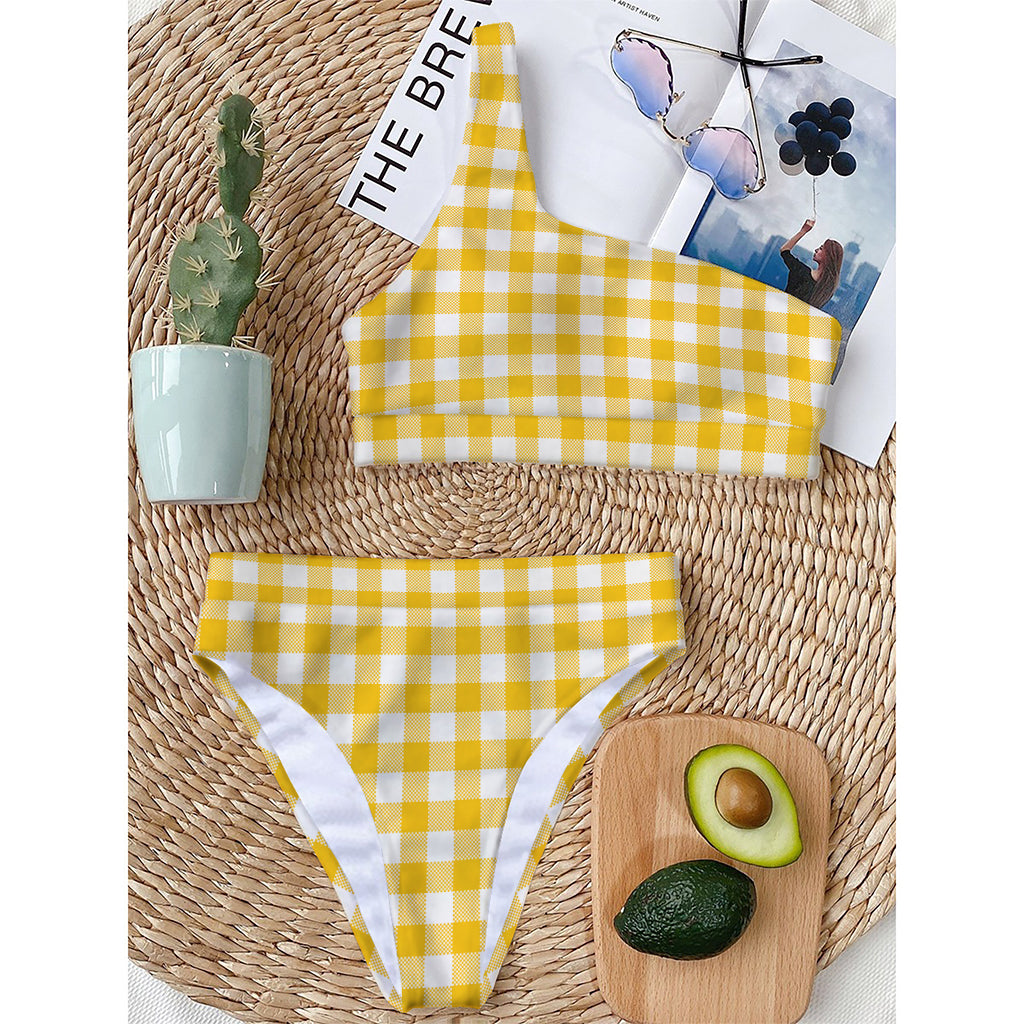 Canary Yellow And White Gingham Print One Shoulder Bikini Top