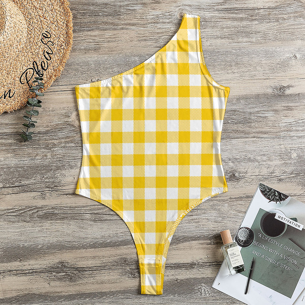 Canary Yellow And White Gingham Print One Shoulder Bodysuit
