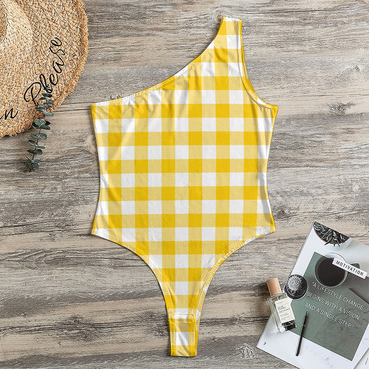 Canary Yellow And White Gingham Print One Shoulder Bodysuit