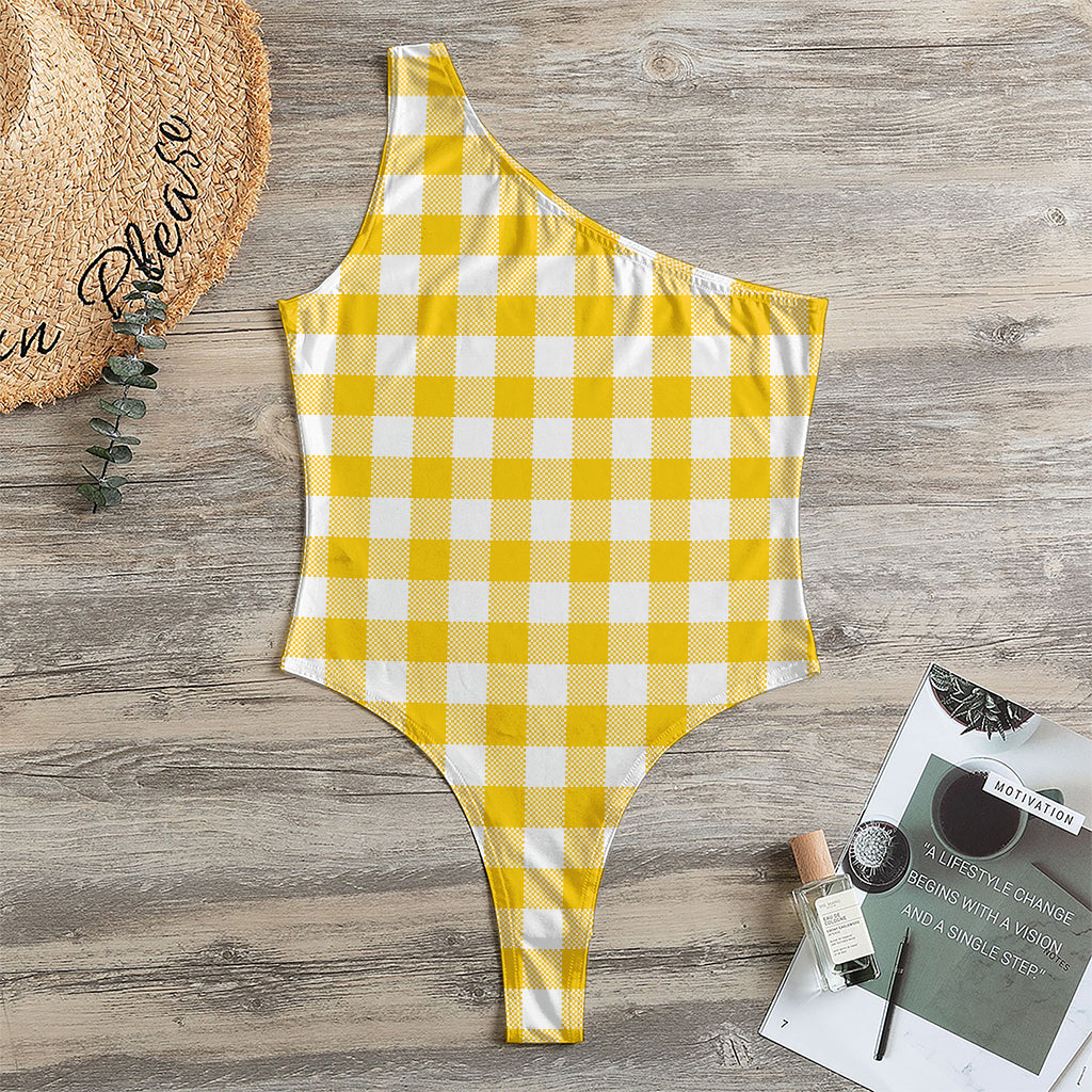Canary Yellow And White Gingham Print One Shoulder Bodysuit