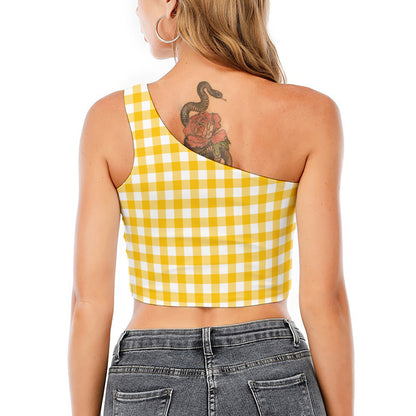 Canary Yellow And White Gingham Print One Shoulder Crop Top