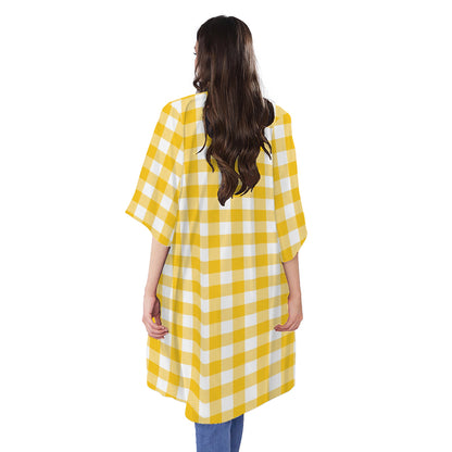 Canary Yellow And White Gingham Print Open Front Beach Cover Up