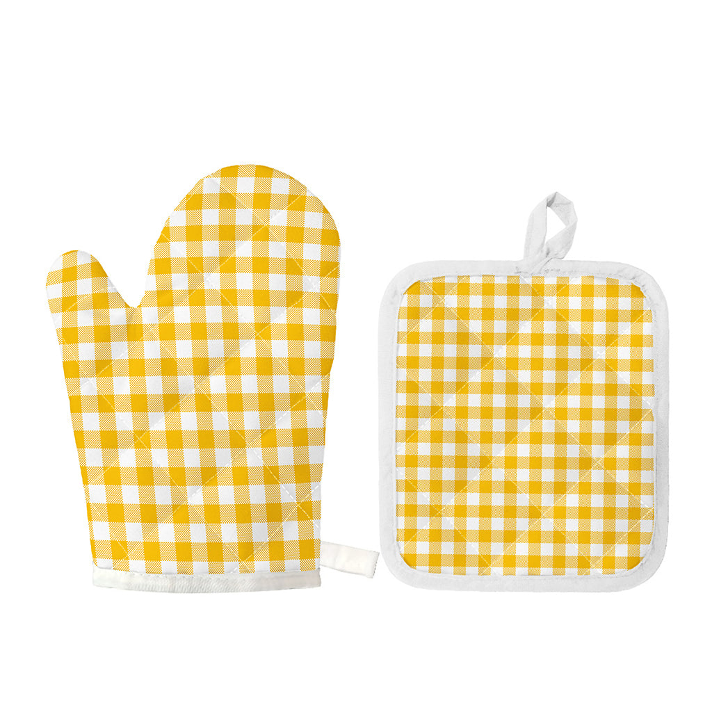 Canary Yellow And White Gingham Print Oven Mitt And Pot Holder Set