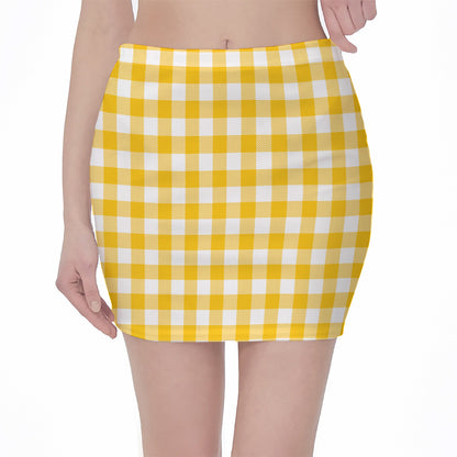 Canary Yellow And White Gingham Print Pencil Mini Skirt