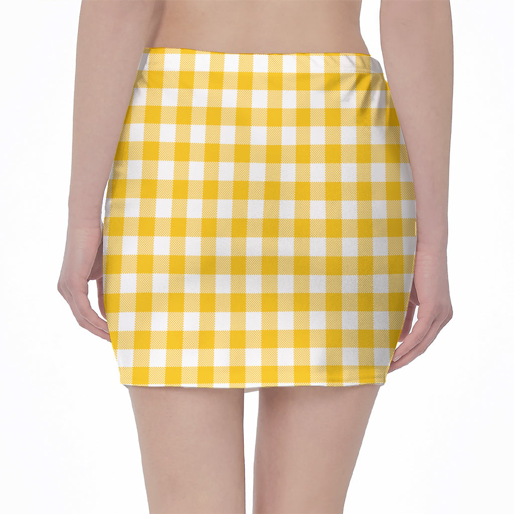 Canary Yellow And White Gingham Print Pencil Mini Skirt