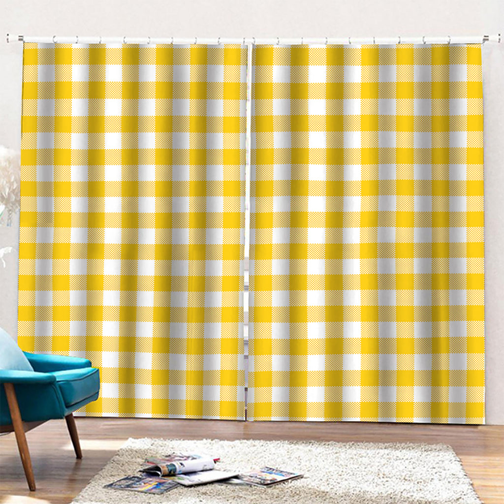 Canary Yellow And White Gingham Print Pencil Pleat Curtains