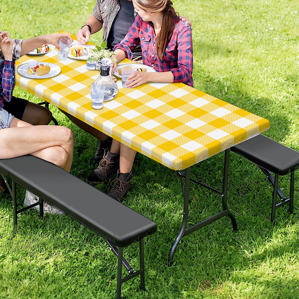 Canary Yellow And White Gingham Print Picnic Table Cover