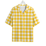 Canary Yellow And White Gingham Print Rayon Hawaiian Shirt