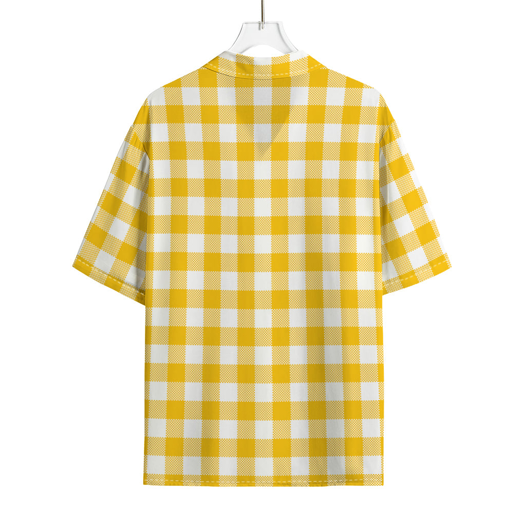 Canary Yellow And White Gingham Print Rayon Hawaiian Shirt
