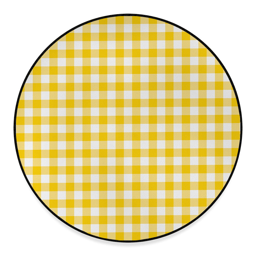 Canary Yellow And White Gingham Print Round Floor Mat
