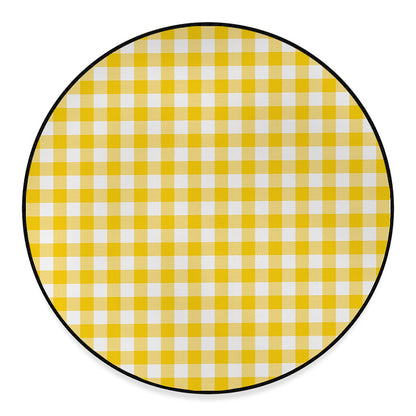 Canary Yellow And White Gingham Print Round Floor Mat