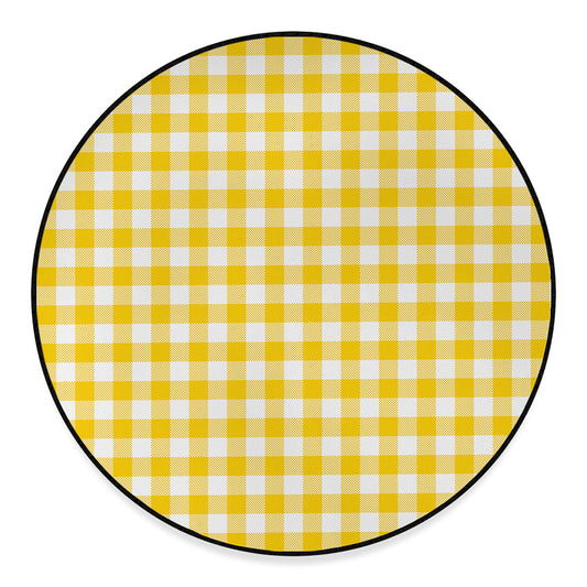 Canary Yellow And White Gingham Print Round Floor Mat