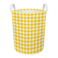 Canary Yellow And White Gingham Print Round Laundry Basket