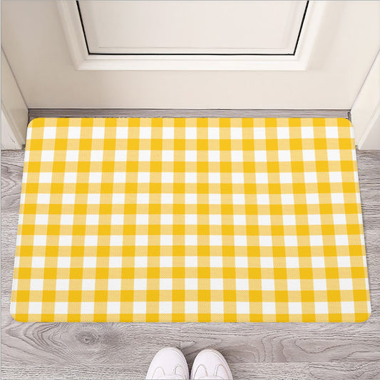 Canary Yellow And White Gingham Print Rubber Doormat