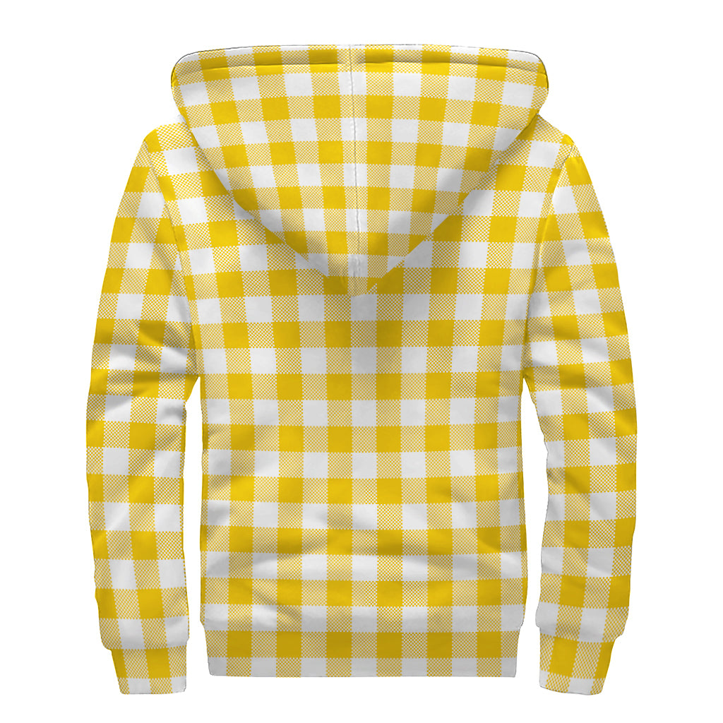 Canary Yellow And White Gingham Print Sherpa Lined Zip Up Hoodie