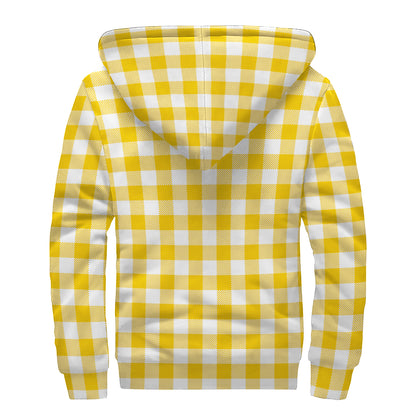 Canary Yellow And White Gingham Print Sherpa Lined Zip Up Hoodie