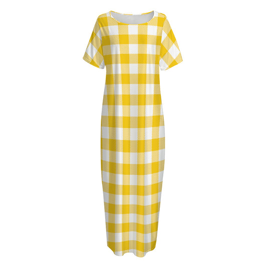 Canary Yellow And White Gingham Print Short Sleeve Long Nightdress