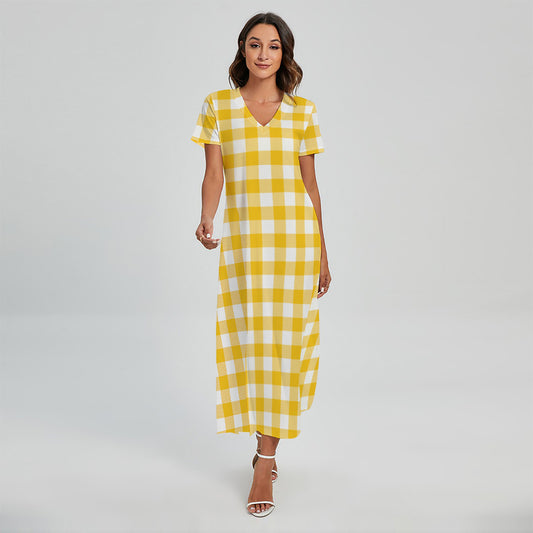 Canary Yellow And White Gingham Print Short Sleeve Maxi Dress