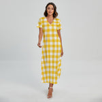 Canary Yellow And White Gingham Print Short Sleeve Maxi Dress