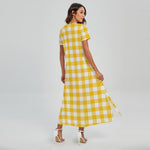 Canary Yellow And White Gingham Print Short Sleeve Maxi Dress