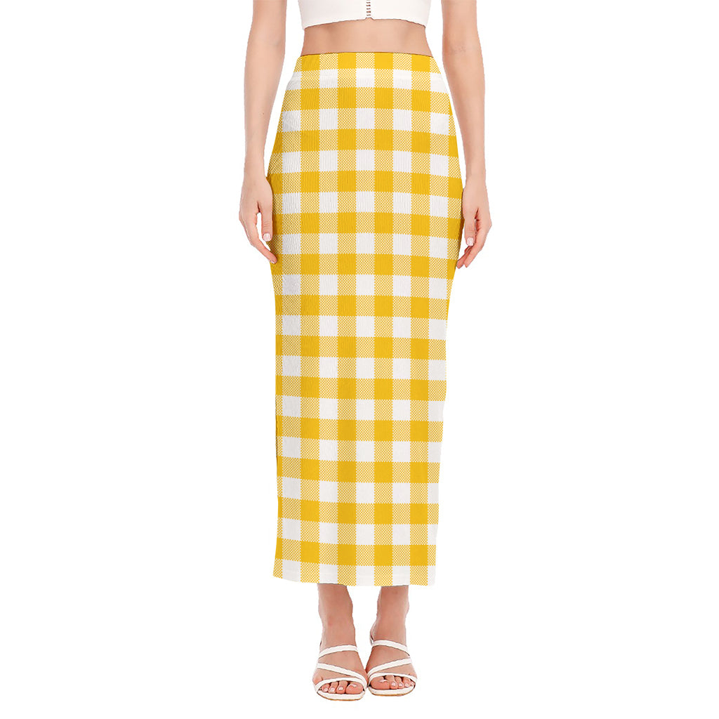 Canary Yellow And White Gingham Print Side Slit Maxi Skirt