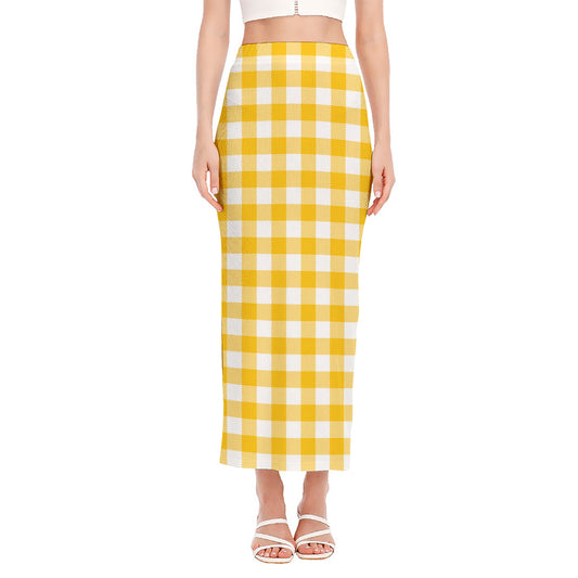 Canary Yellow And White Gingham Print Side Slit Maxi Skirt