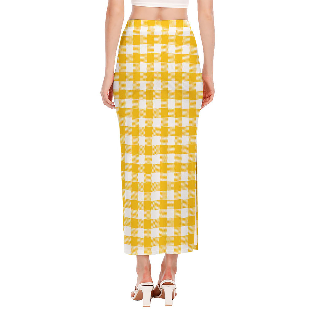 Canary Yellow And White Gingham Print Side Slit Maxi Skirt