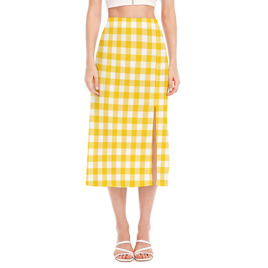 Canary Yellow And White Gingham Print Side Slit Midi Skirt