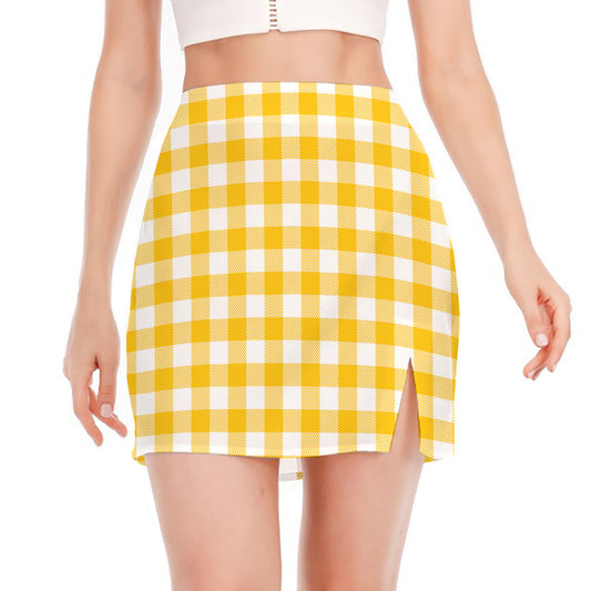Canary Yellow And White Gingham Print Side Slit Mini Skirt