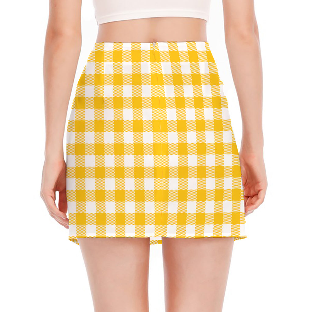 Canary Yellow And White Gingham Print Side Slit Mini Skirt