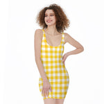 Canary Yellow And White Gingham Print Sleeveless Bodycon Dress