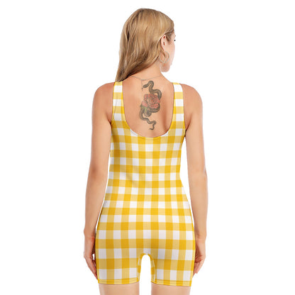 Canary Yellow And White Gingham Print Sleeveless One Piece Swimsuit