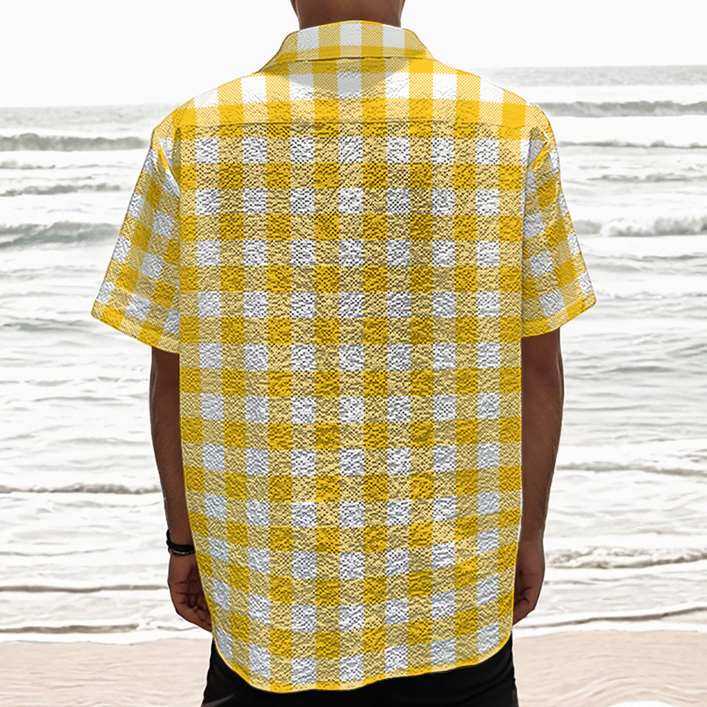 Canary Yellow And White Gingham Print Textured Short Sleeve Shirt
