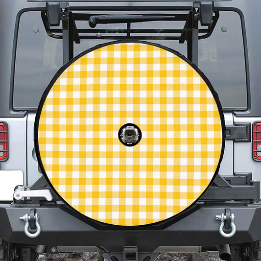 Canary Yellow And White Gingham Print Tire Cover With Camera Hole