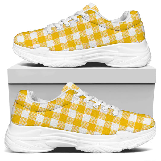 Canary Yellow And White Gingham Print White Chunky Shoes