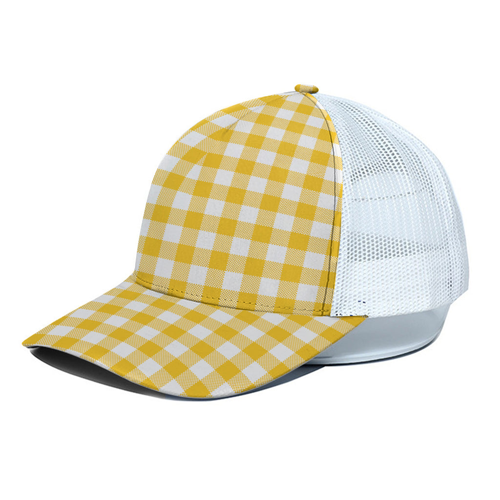 Canary Yellow And White Gingham Print White Mesh Trucker Cap