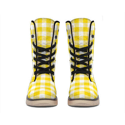 Canary Yellow And White Gingham Print Winter Boots