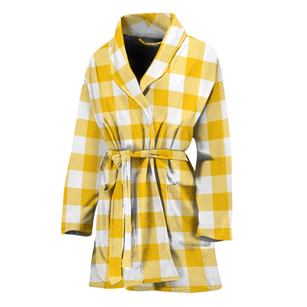 Canary Yellow And White Gingham Print Women's Bathrobe