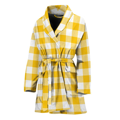 Canary Yellow And White Gingham Print Women's Bathrobe