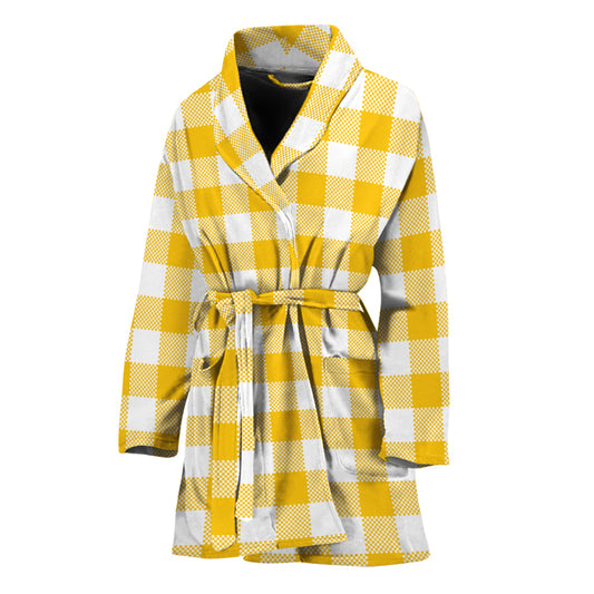 Canary Yellow And White Gingham Print Women's Bathrobe