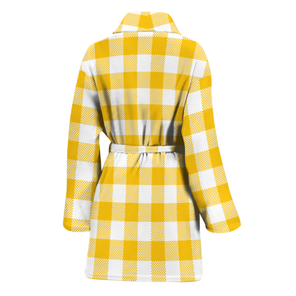 Canary Yellow And White Gingham Print Women's Bathrobe