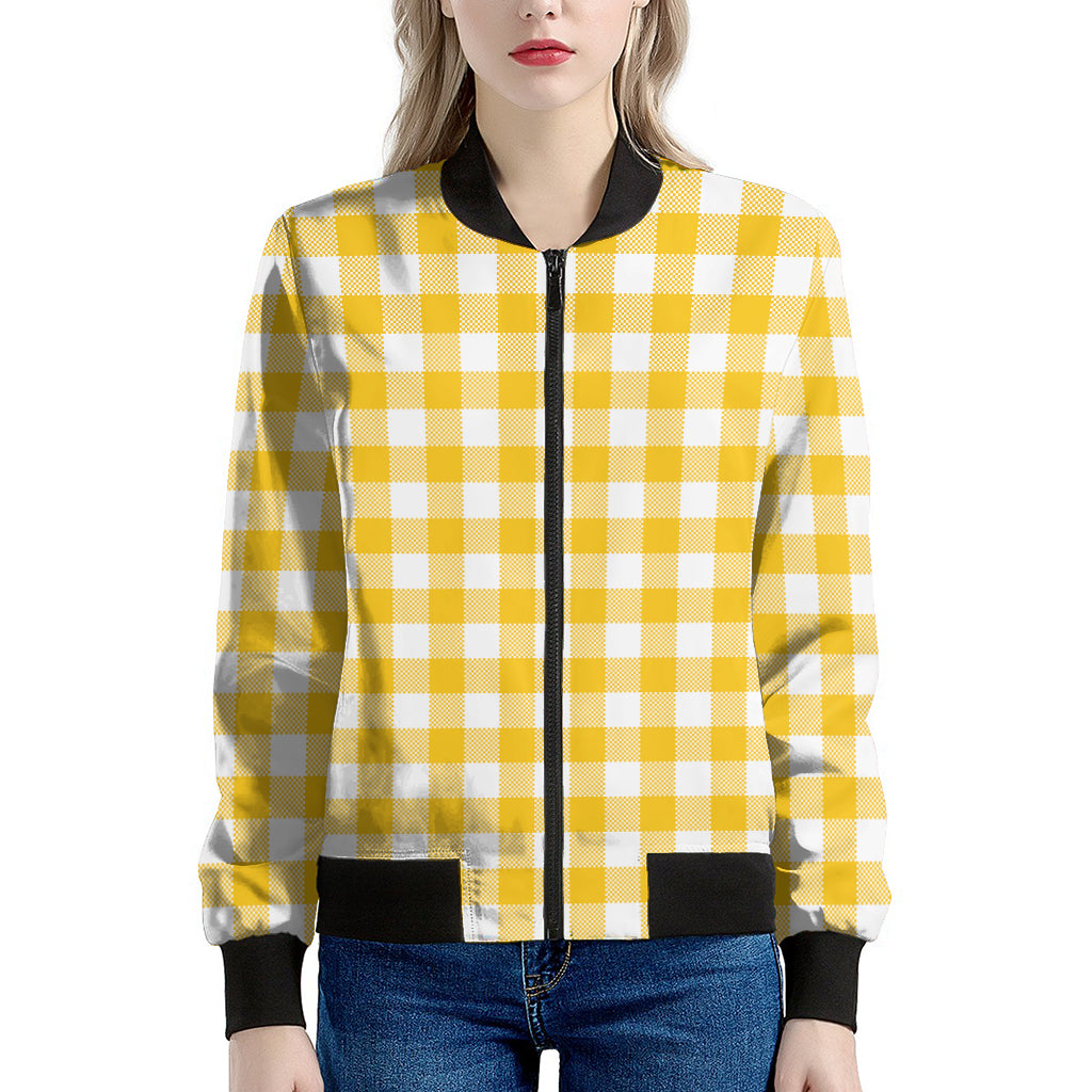 Canary Yellow And White Gingham Print Women's Bomber Jacket