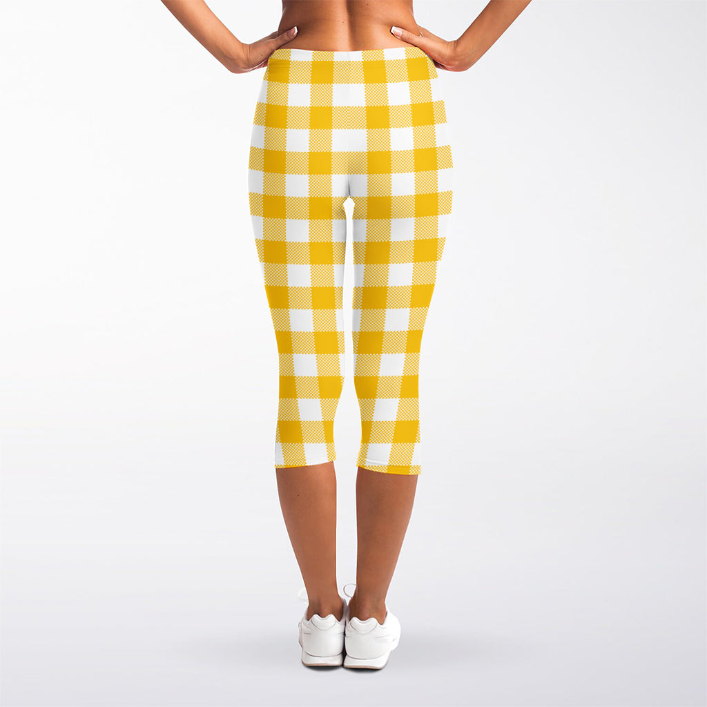 Canary Yellow And White Gingham Print Women's Capri Leggings
