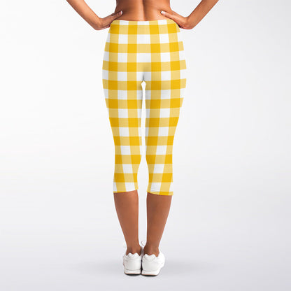 Canary Yellow And White Gingham Print Women's Capri Leggings