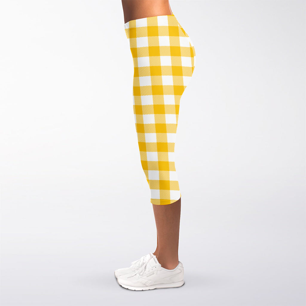 Canary Yellow And White Gingham Print Women's Capri Leggings
