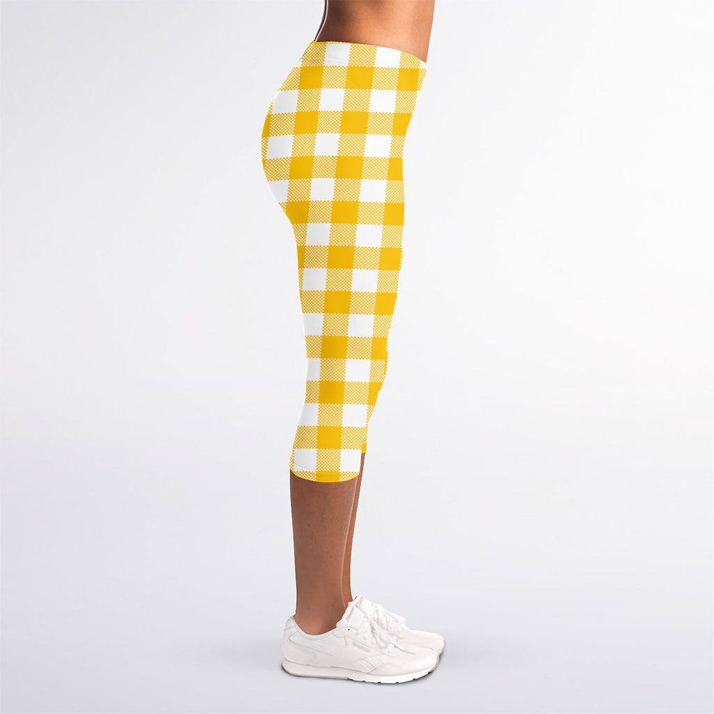 Canary Yellow And White Gingham Print Women's Capri Leggings