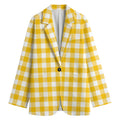 Canary Yellow And White Gingham Print Women's Cotton Blazer